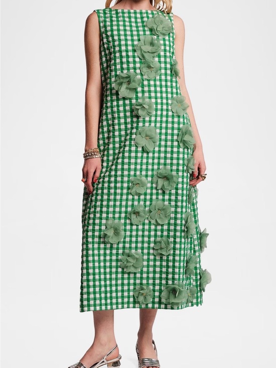 Frances Valentine Dresses & Skirts - Frances Valentine Green Gingham Midi Dress with 3D Floral Appliqués